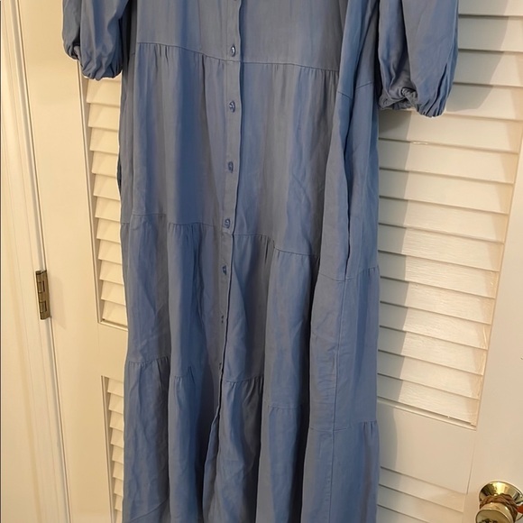 Magari Slate Blue 3/4 Puff Sleeve Button Down Tiered Pocketed Sundress - Picture 4 of 14